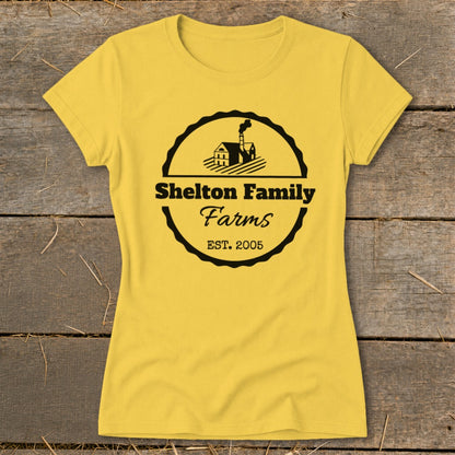 Yellow t-shirt with Shelton Family Farms logo and Est. 2005.