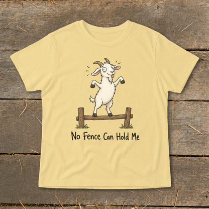 Yellow t-shirt with a cartoon goat balancing on a fence, text reads "No Fence Can Hold Me".