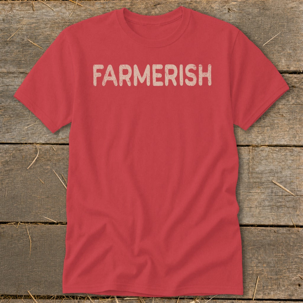 Red t-shirt with "FARMERISH" in distressed beige text.