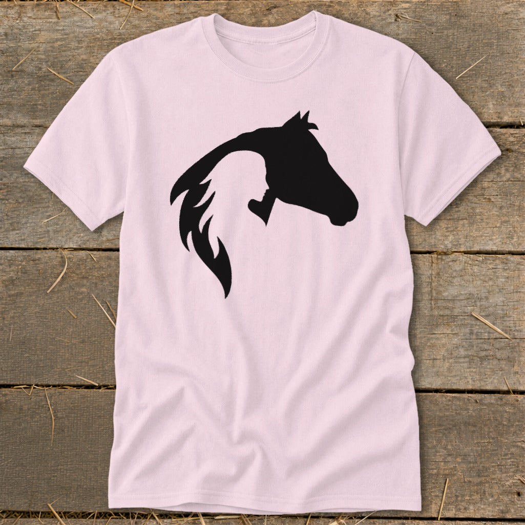 Black silhouette of a horse head and a woman's profile on a pink t-shirt.