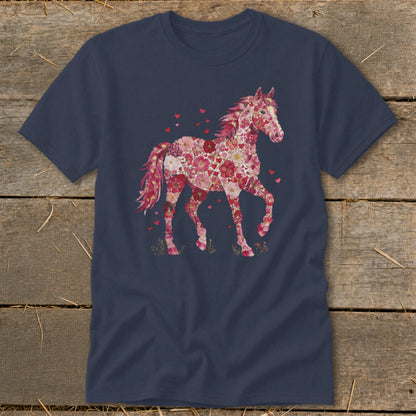 Navy t-shirt with a pink floral horse graphic and small red hearts.