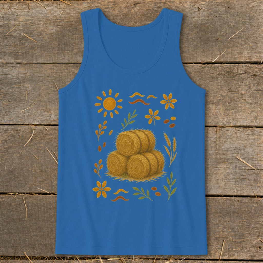 Blue tank top with a stack of hay bales and autumn floral accents.