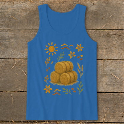 Blue tank top with a stack of hay bales and autumn floral accents.