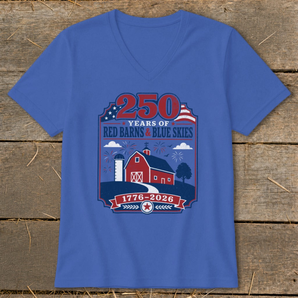 Blue t-shirt with "250 Years of Red Barns & Blue Skies" graphic and 1776-2026 dates.