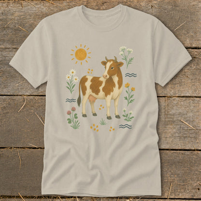 Brown and white cow illustration with sun and wildflowers on a tan t-shirt.