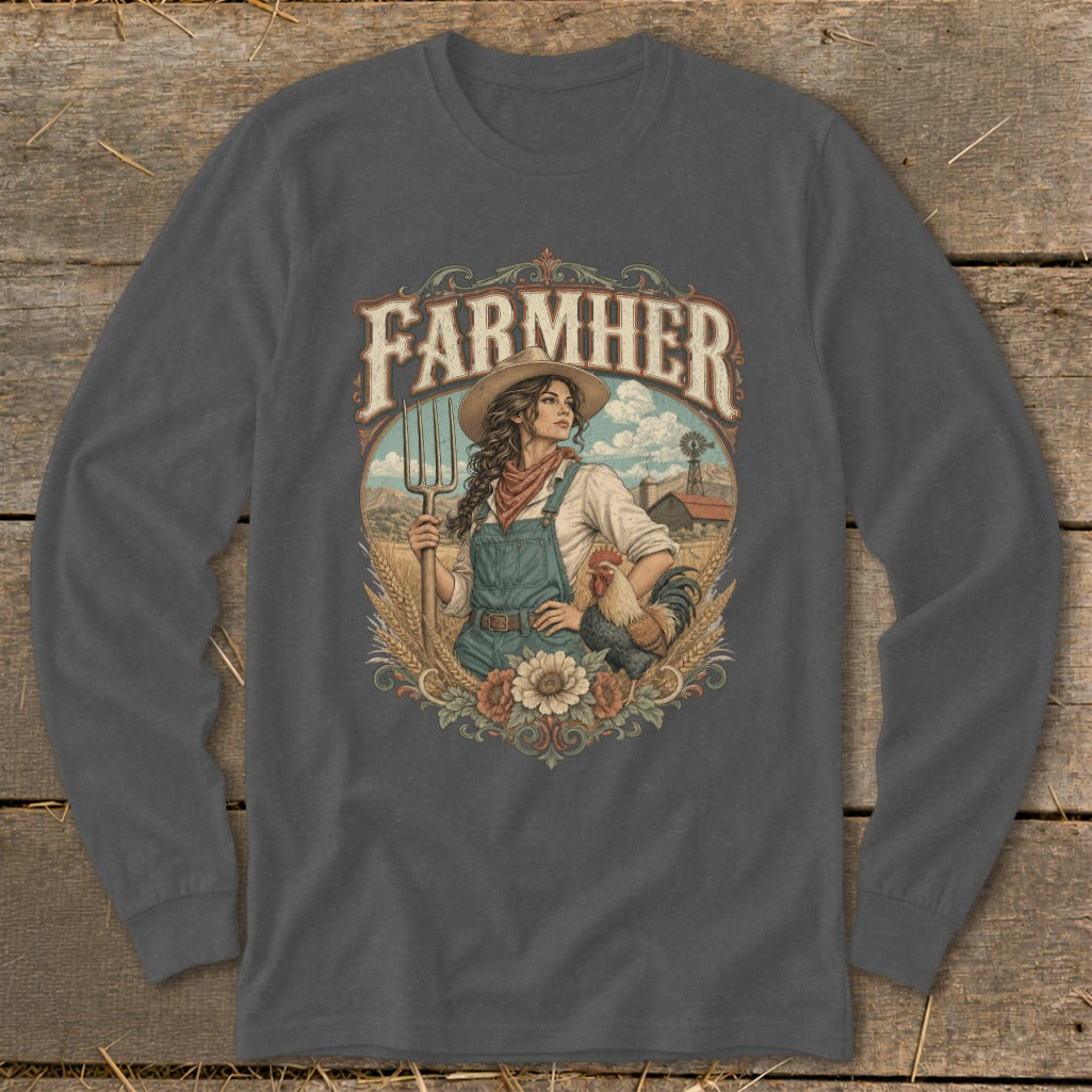 Farmher graphic with woman holding pitchfork, rooster, and farm scene.