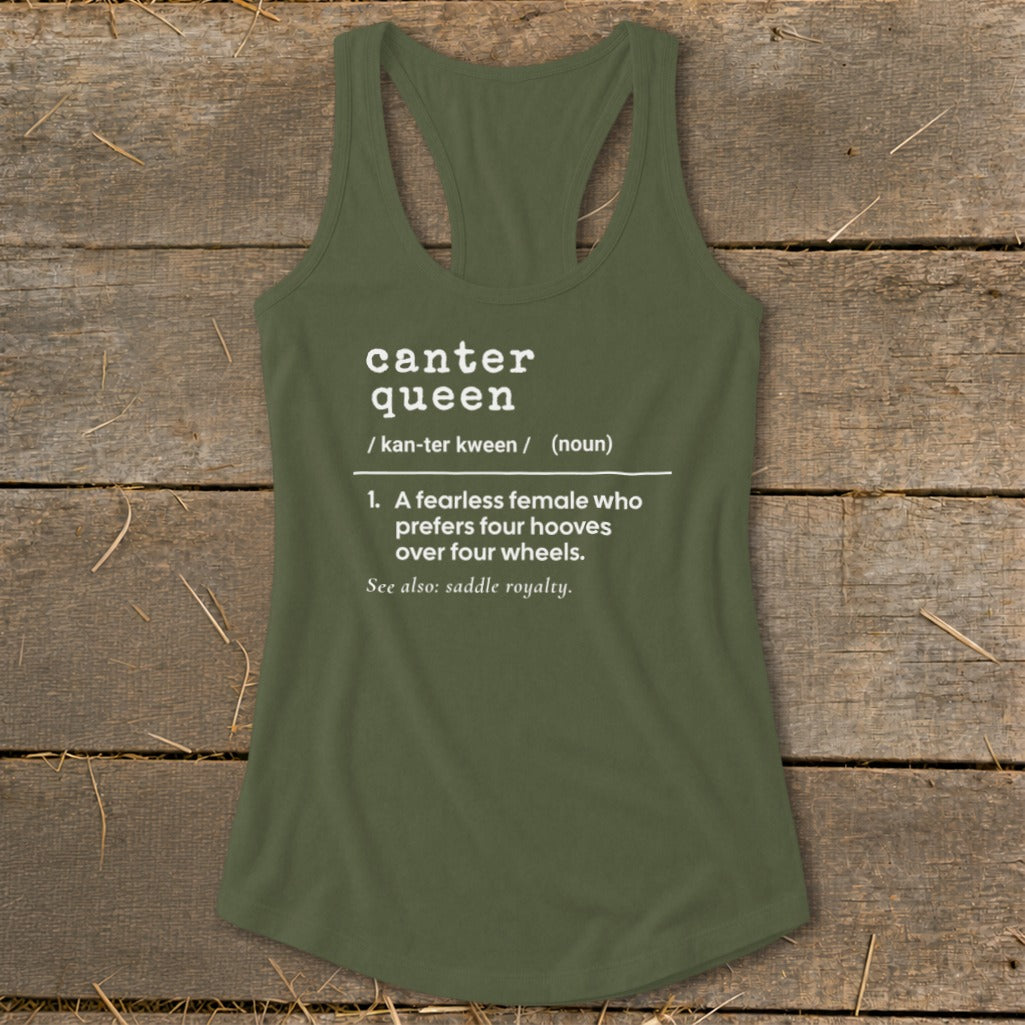 Olive green tank top with "canter queen" definition and equestrian humor.