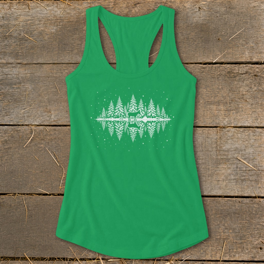 Green tank top with white mirrored forest and deer graphic.