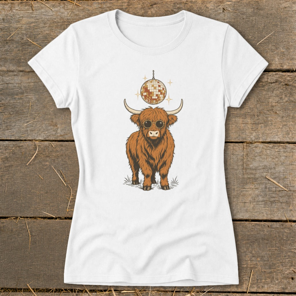 Highland cow with sunglasses and disco ball graphic on a white t-shirt.