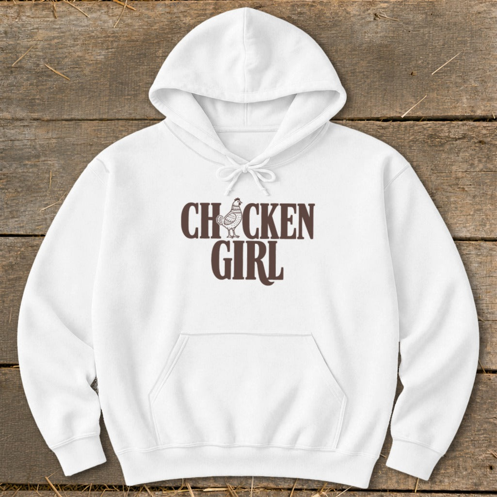 White hoodie with "CHCKEN GIRL" text and a chicken graphic.