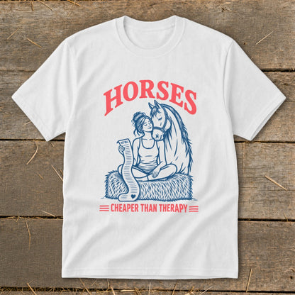 Woman with horse and vet bill, text reads Horses Cheaper Than Therapy.