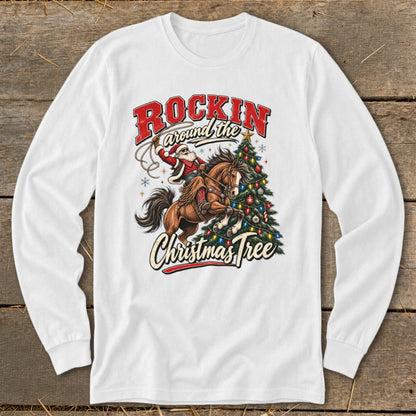 Santa riding a horse with lasso next to a decorated Christmas tree.