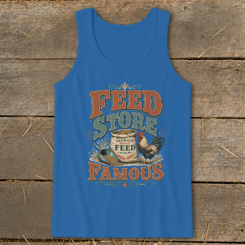 Blue tank top with "Feed Store Famous" graphic and rooster.