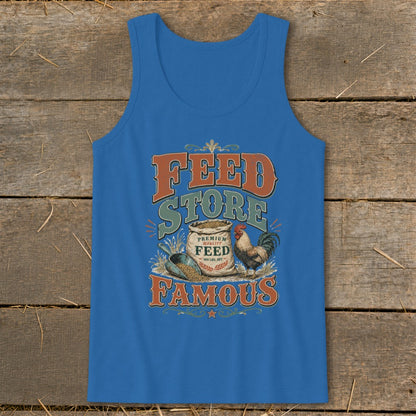 Blue tank top with "Feed Store Famous" graphic and rooster.