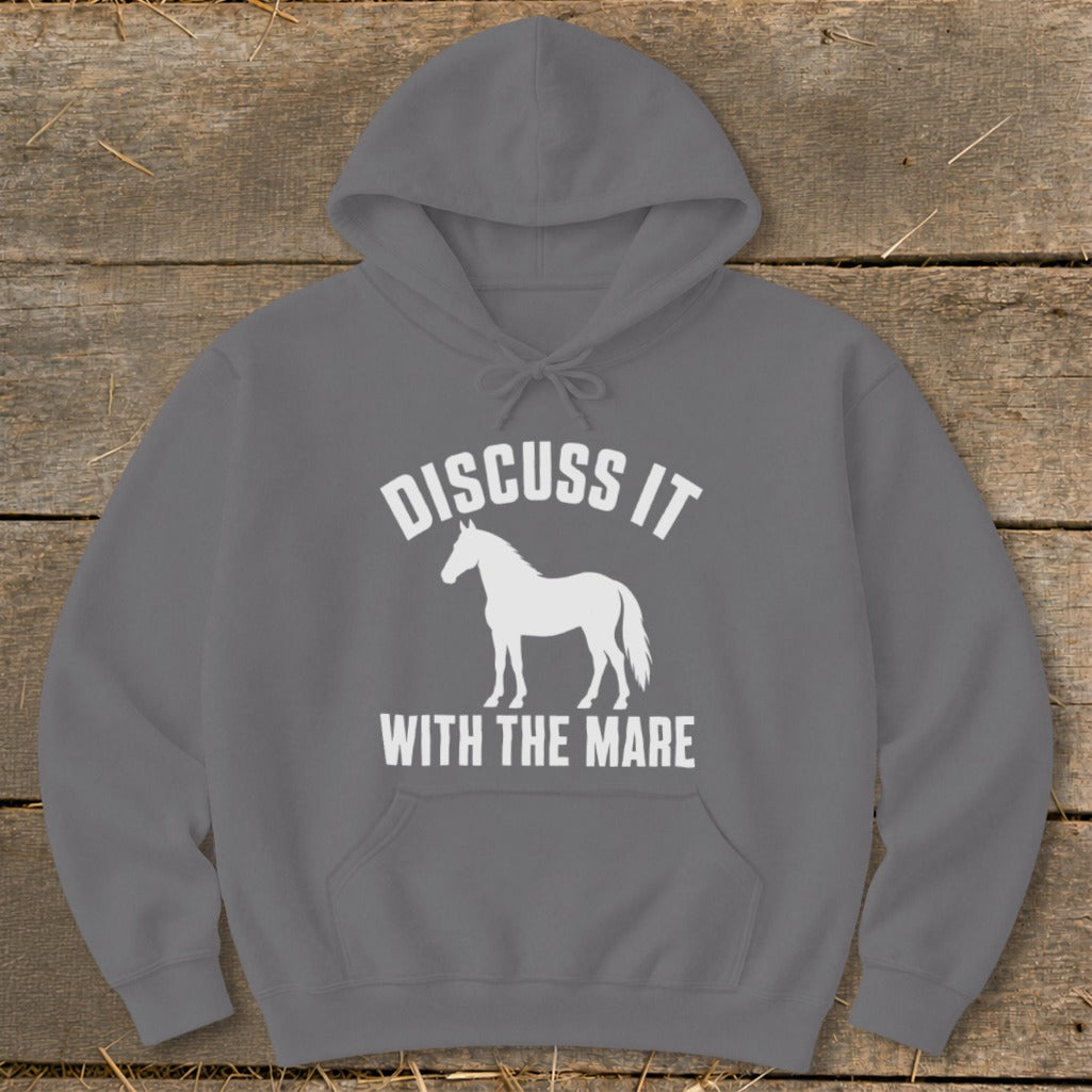 Grey hoodie with "DISCUSS IT WITH THE MARE" and horse silhouette.