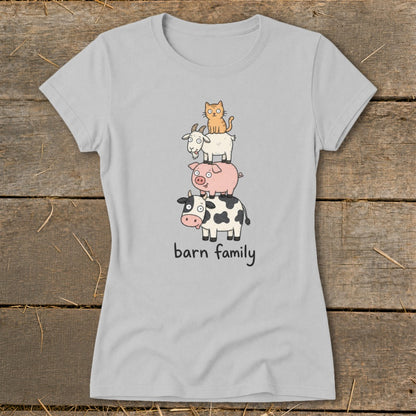 T-shirt graphic of stacked farm animals with "barn family" text.