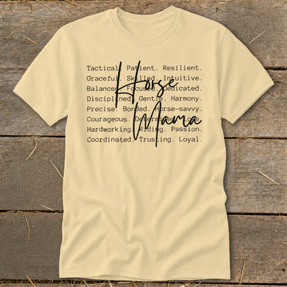 Pale yellow t-shirt with "Horse Mama" text and a list of traits.