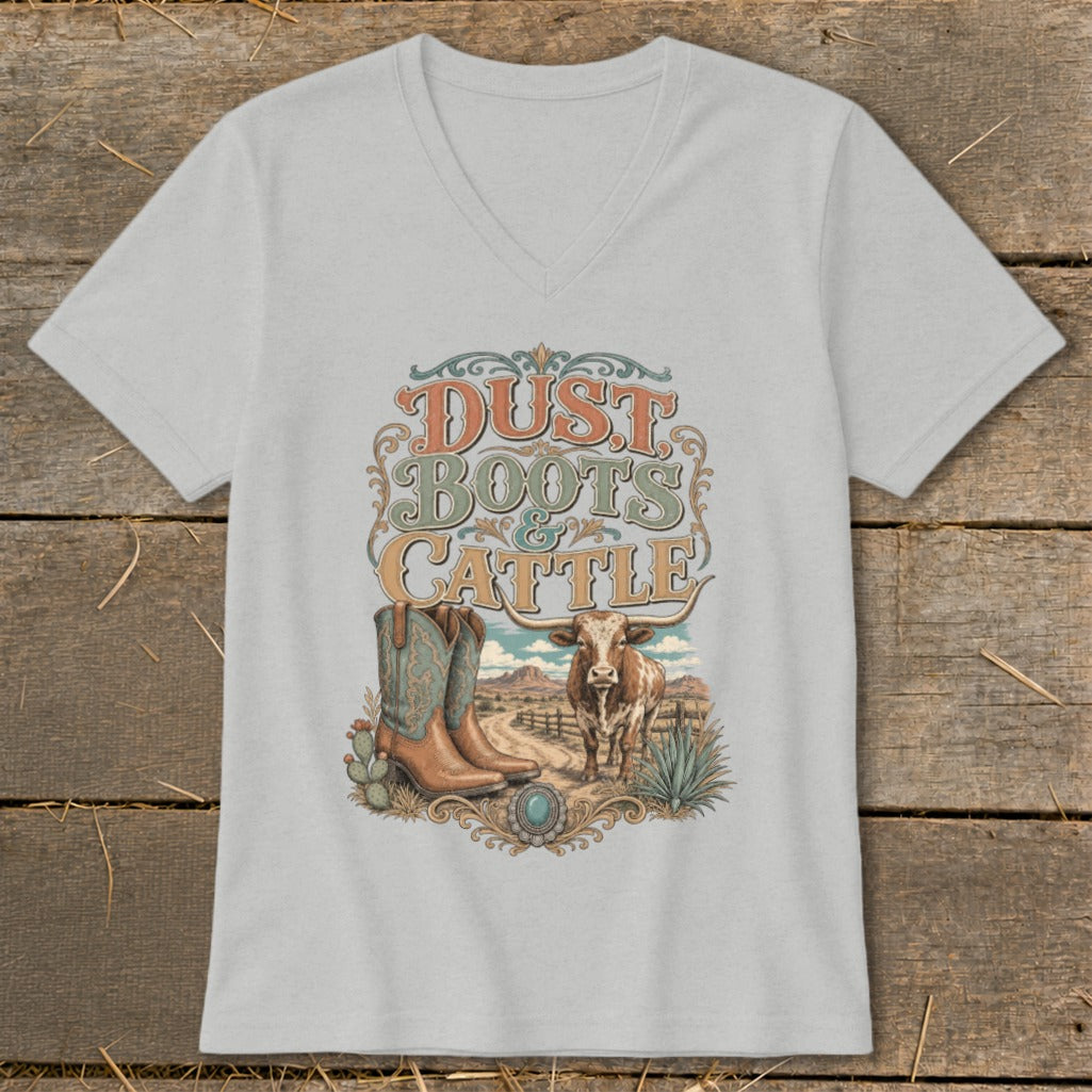 Gray t-shirt with vintage "Dust Boots & Cattle" graphic and longhorn.