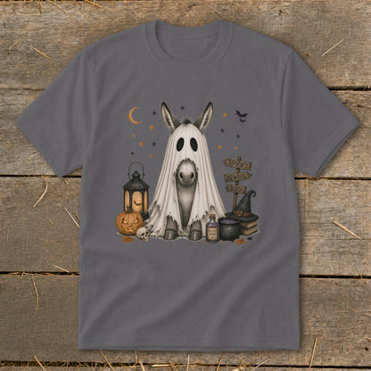 Donkey in ghost costume with Halloween decorations and "Spooky Beware Boo!" sign.