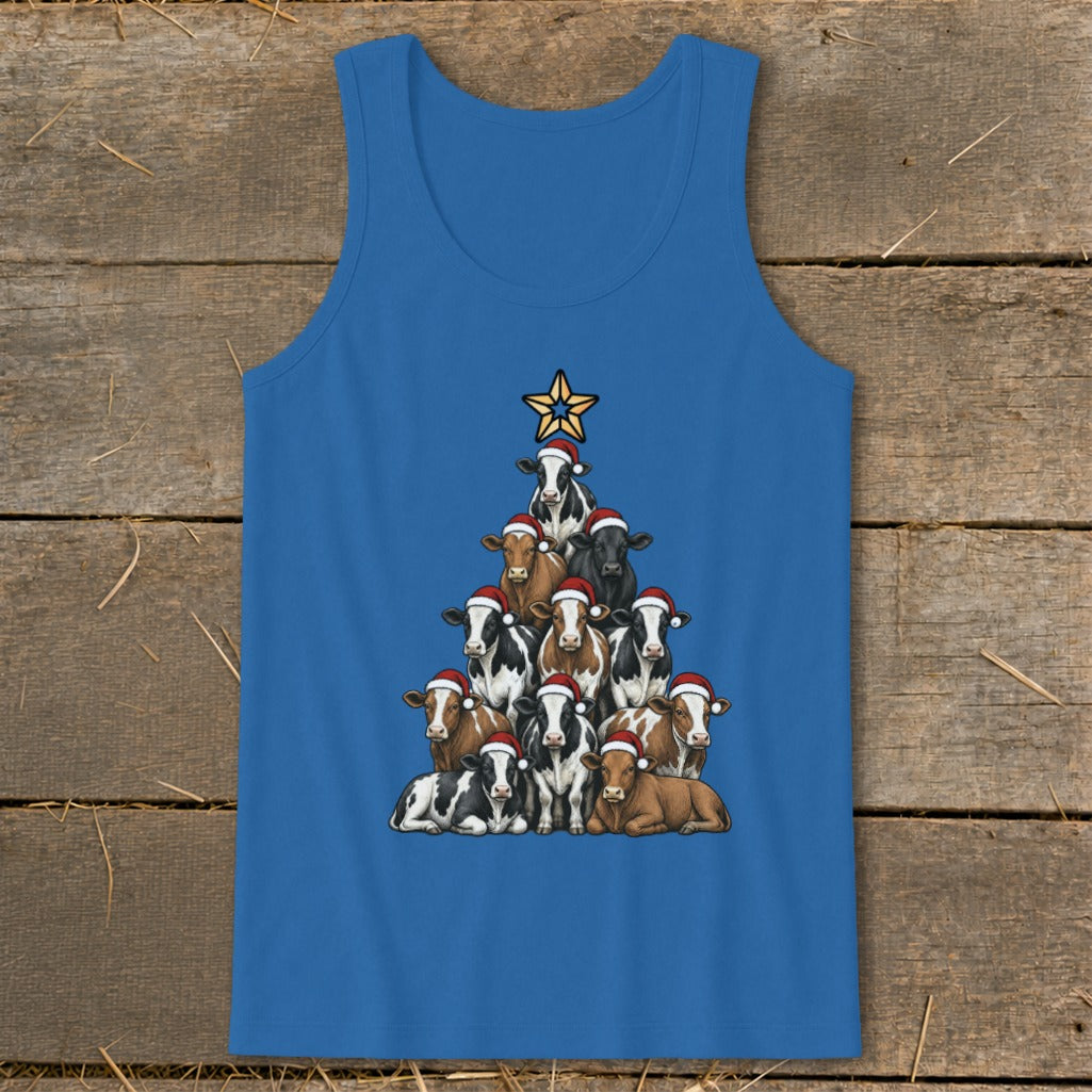 A Christmas tree formed by cows wearing Santa hats, topped with a star.