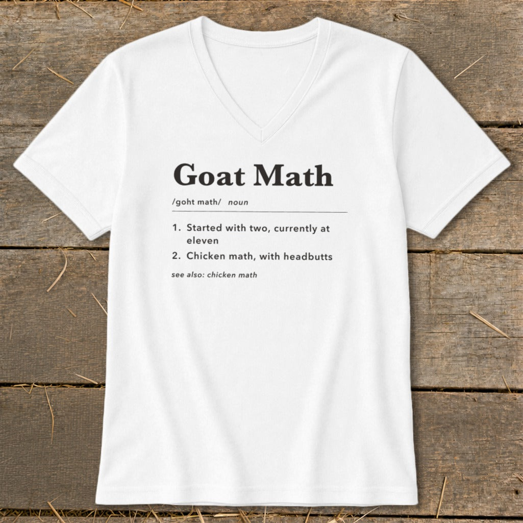 White v-neck t-shirt with "Goat Math" dictionary definition.