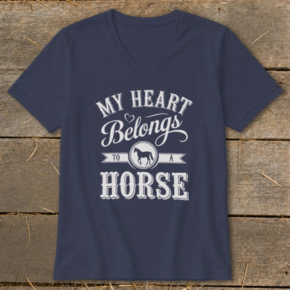 Navy v-neck t-shirt with "My Heart Belongs to a Horse" graphic.