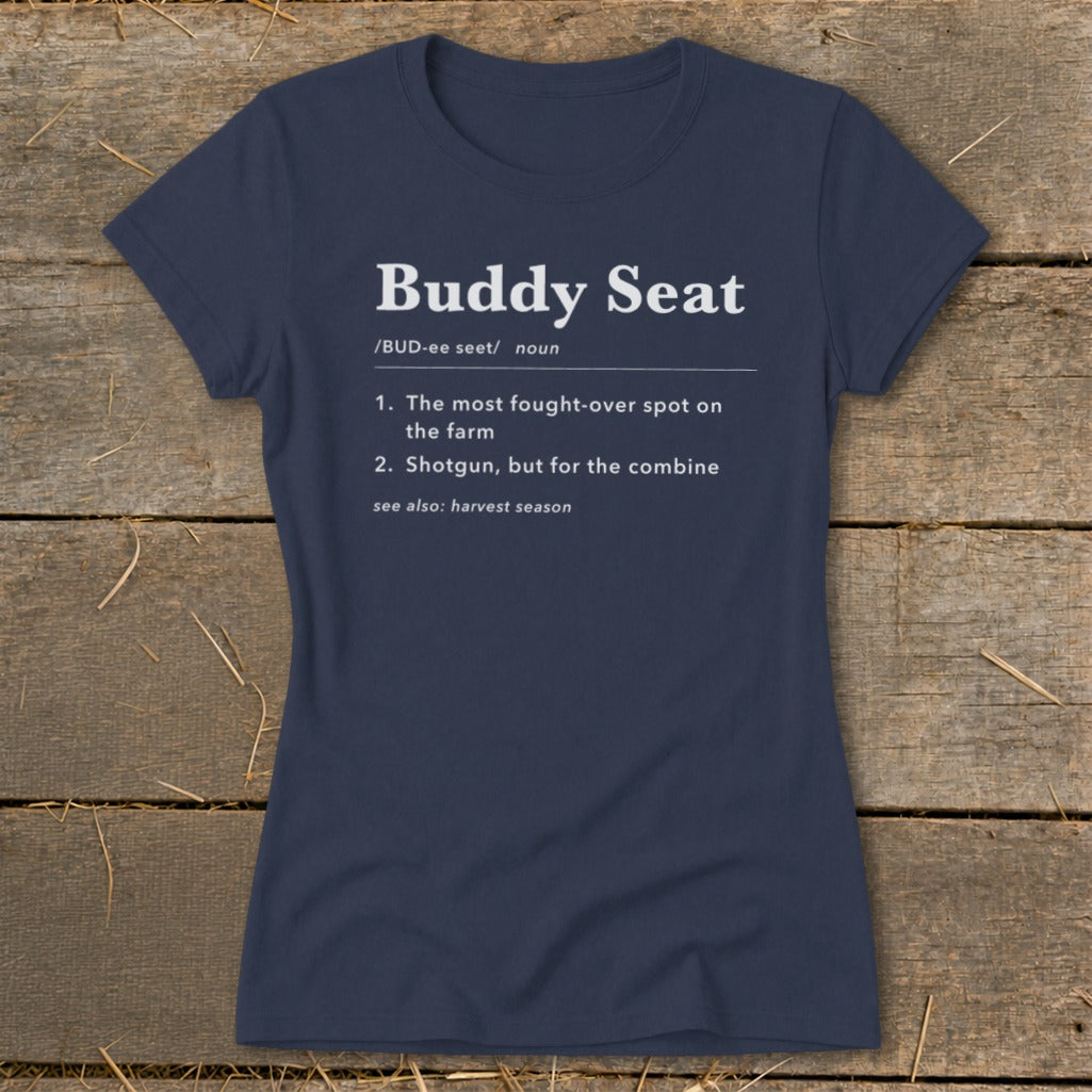 Navy blue t-shirt with "Buddy Seat" definition printed in white.