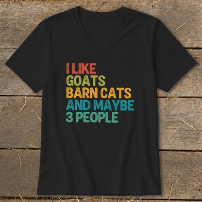 Black t-shirt with text "I like goats barn cats and maybe 3 people".