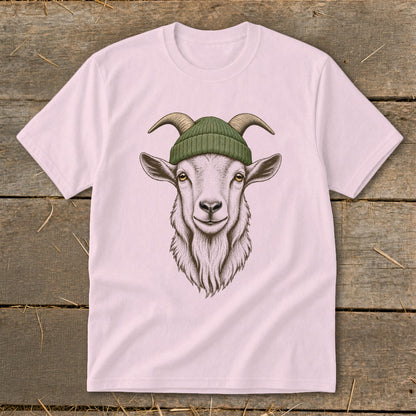 Pink t-shirt with a drawing of a goat wearing a green beanie.