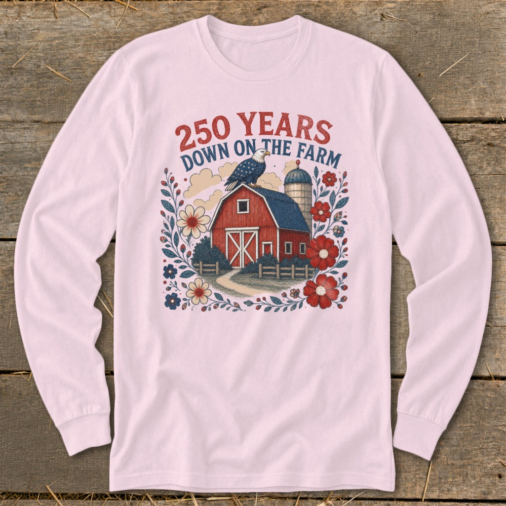 Red barn with eagle, silo, and floral border with text "250 YEARS DOWN ON THE FARM".