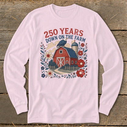 Red barn with eagle, silo, and floral border with text "250 YEARS DOWN ON THE FARM".