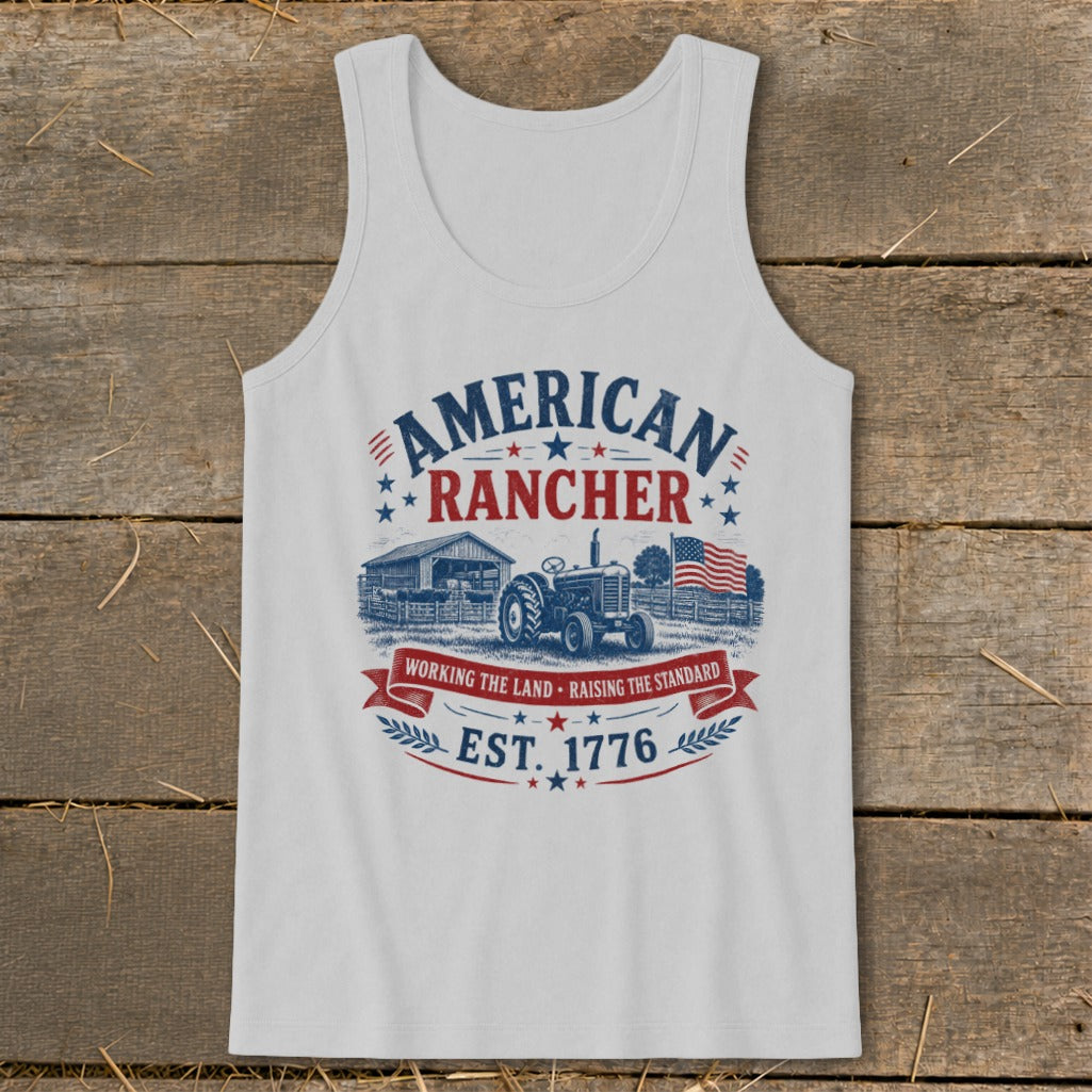 American Rancher graphic with tractor, barn, American flag, and "EST. 1776" text.