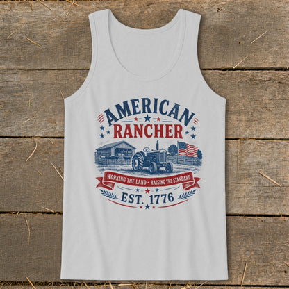 American Rancher graphic with tractor, barn, American flag, and "EST. 1776" text.