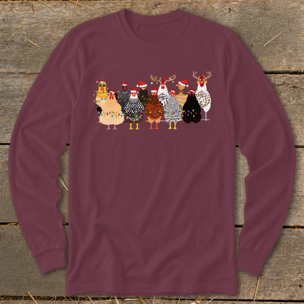 Maroon long-sleeve shirt featuring a line of chickens wearing Santa hats and Christmas lights.