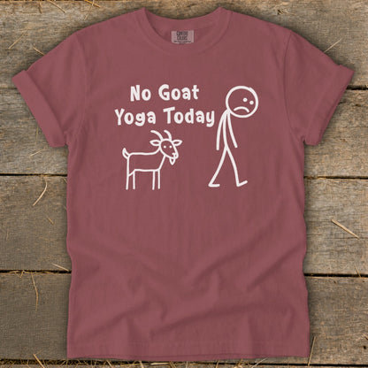 T-shirt with white text "No Goat Yoga Today" and stick figures of a goat and sad person.