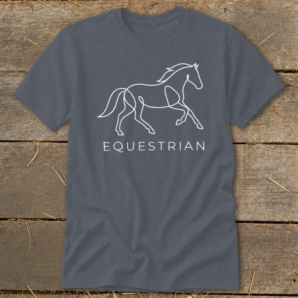 Dark gray t-shirt with a white line drawing of a running horse and the word EQUESTRIAN.