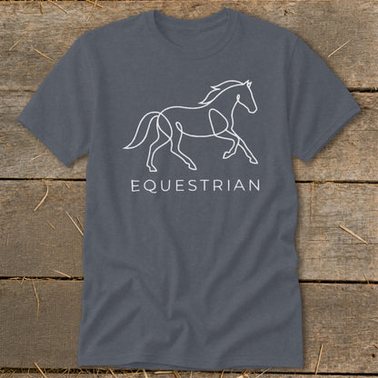 Dark gray t-shirt with a white line drawing of a running horse and the word EQUESTRIAN.