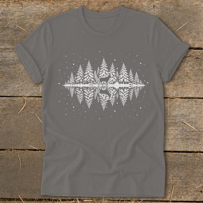 Grey t-shirt with white graphic of a deer, trees, and reflection in water.