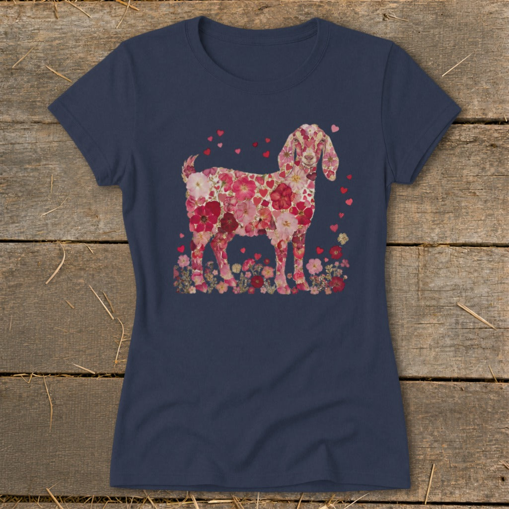 Navy t-shirt with a goat silhouette made of pink and red flowers and hearts.