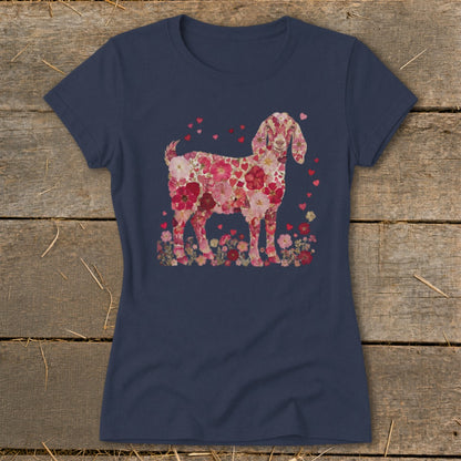 Navy t-shirt with a goat silhouette made of pink and red flowers and hearts.