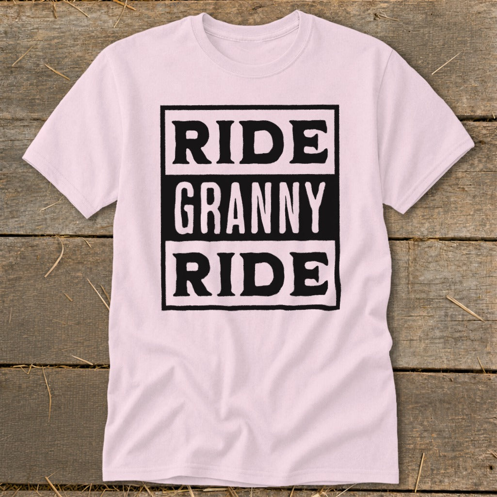 Pink t-shirt with "RIDE GRANNY RIDE" text in black boxes.