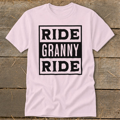 Pink t-shirt with "RIDE GRANNY RIDE" text in black boxes.