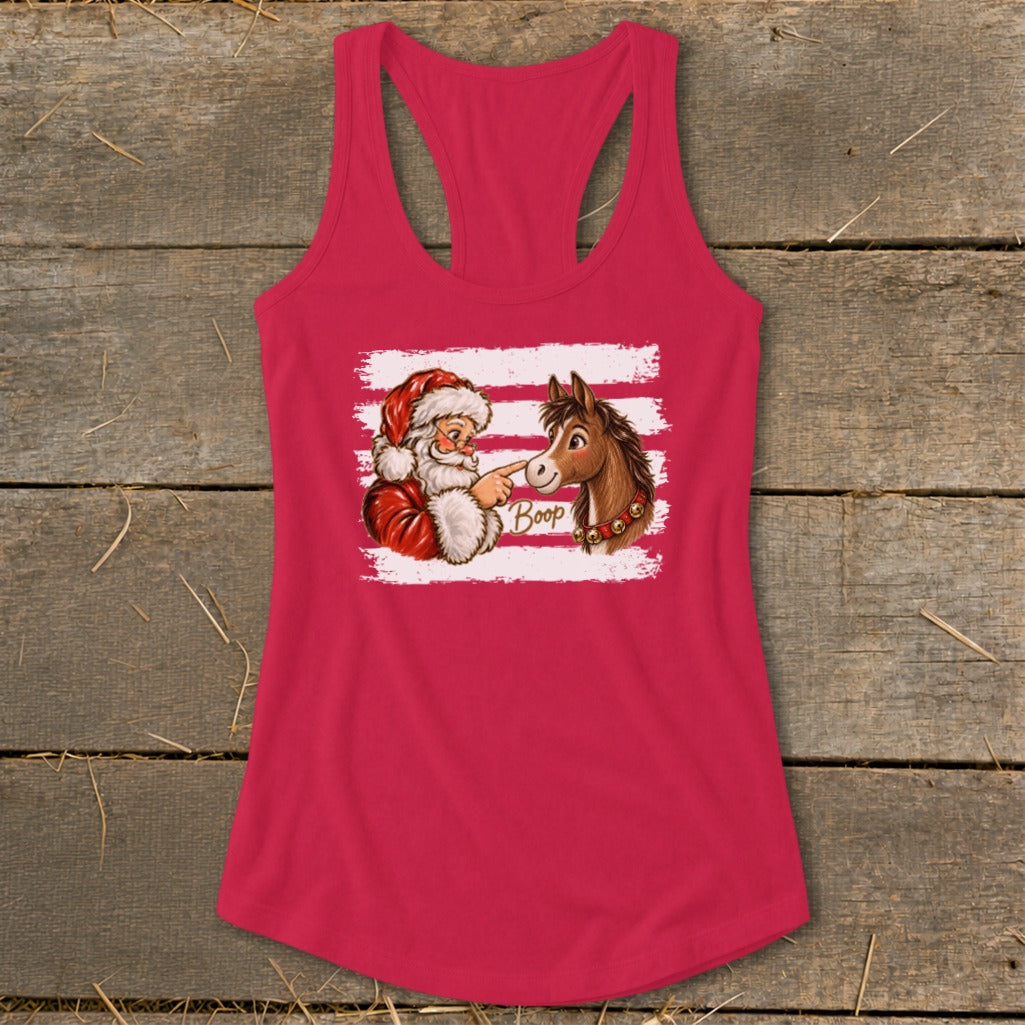 Santa and a horse with "Boop" text on a distressed stripe background.