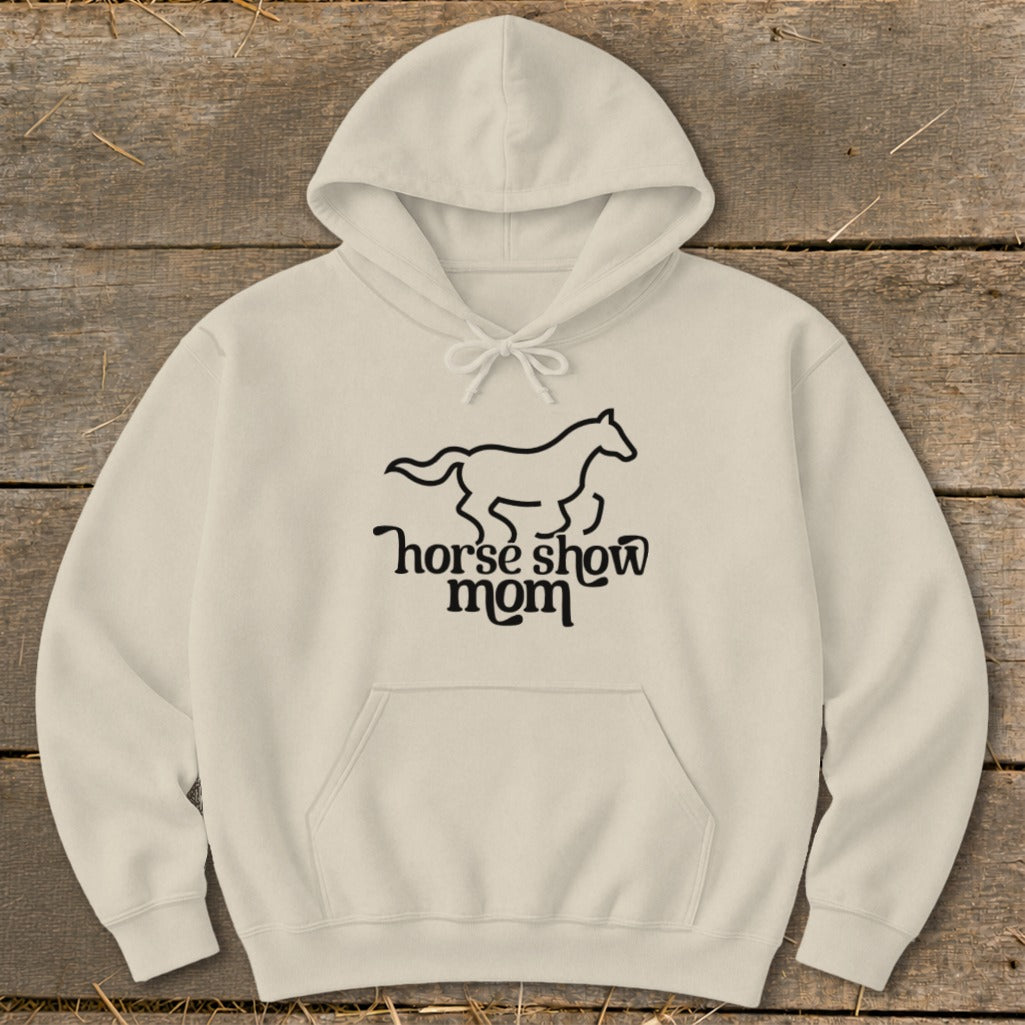 Light tan hoodie with "Horse Show Mom" text and horse graphic.