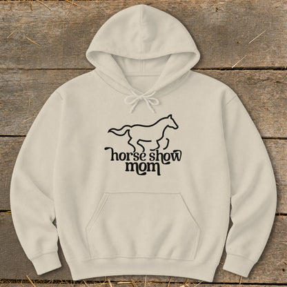 Light tan hoodie with "Horse Show Mom" text and horse graphic.