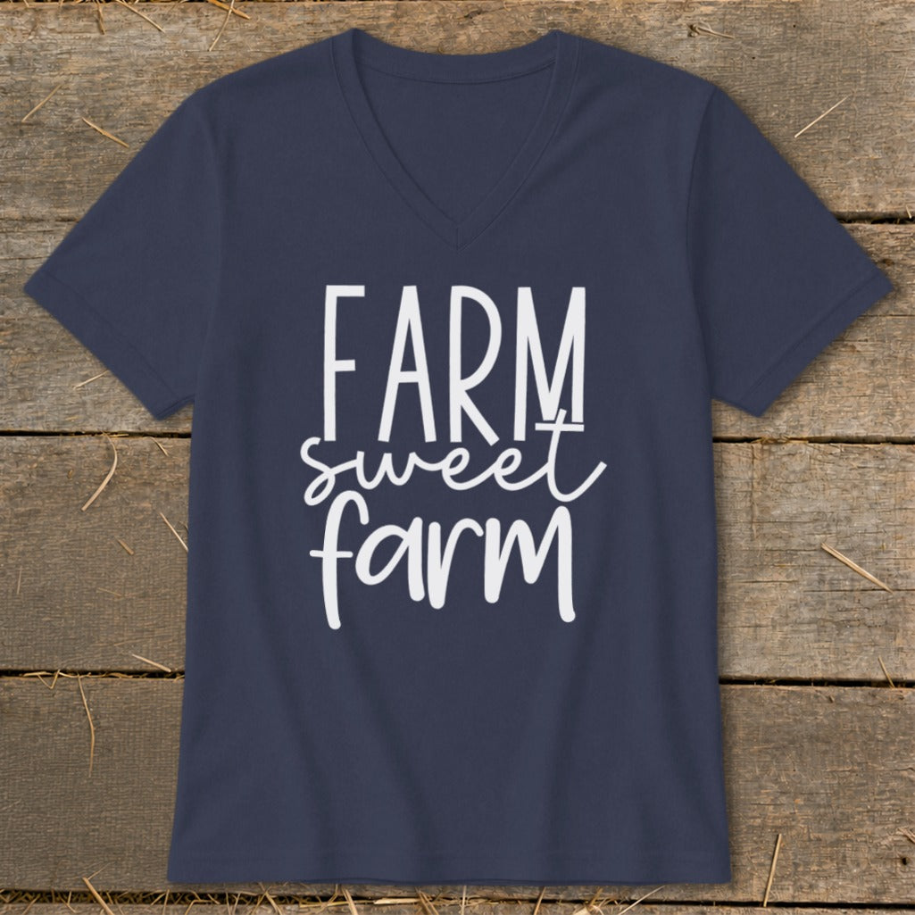 Navy v-neck t-shirt with white "FARM sweet farm" text.