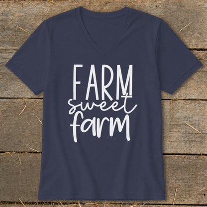 Navy v-neck t-shirt with white "FARM sweet farm" text.