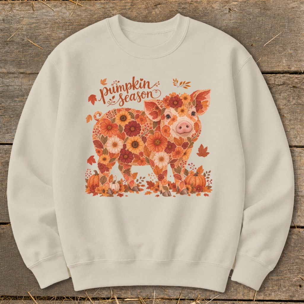 Cream sweatshirt with a floral pig design and "Pumpkin Season" text.