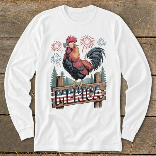 Rooster with American flag sunglasses and "MERICA" sign with fireworks.