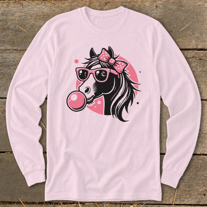 Black horse with pink sunglasses and bow blowing bubble gum.
